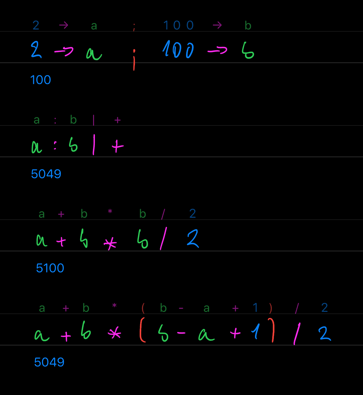 2→a; 100→b; a:b|+; a+b*b/2; a+b*(b-a+1)/2